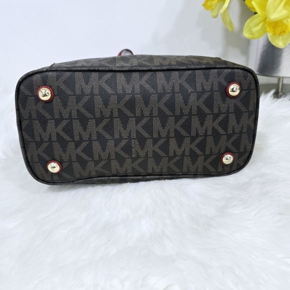 Michael Kors Jet Set Brown/Cherry Signature Logo Tote Shoulder Bag - Picture 8 of 16